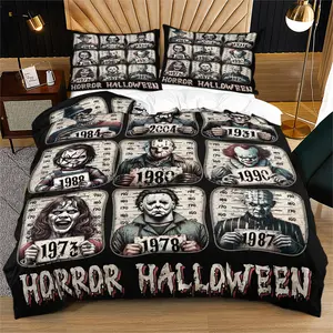 Dark Classic Horror Movie History Villain Collection Print Duvet Cover, Include a Quilt Cover and Pillowcase, Halloween Thriller Atmosphere Bedroom Decoration Comforter Cover, Retro Mugshot Bedding
