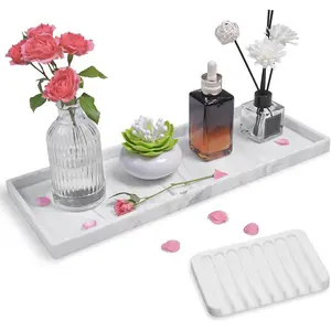 Bathroom Counter Marble Tray and Soap Holder - 15.7x5.9 inch Silicone Bathroom Vanity Trays, Marble Tray for Kitchen Counter, Toilet Tank Tray for Perfume Jewelry Candle Key