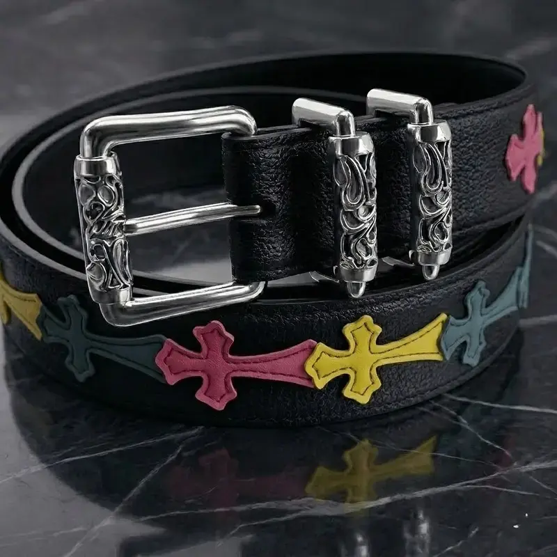 Vintage Black Cross Buckle Belt Gothic Y2K PU Leather Waistband for Men Women