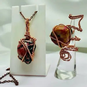 Rhodonite Pendant & Ring Set Copper Wire Wrapped Adjustable Ring with Natural Stone Necklace Set