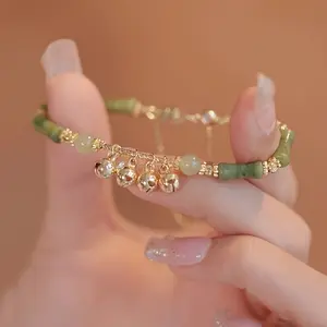 Chinese Style Bamboo Segment Bell Charm Bracelet for Women - Glass Beads with Golden Tone Accents, Fashionable Daily Wear Accessory, Fits All Seasons