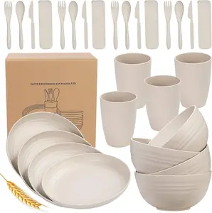 Wheat Straw Dinnerware Sets for 4, Wheat Straw Plates and Bowls Sets Kitchen Dishes 28 count College Dorm Room Essentials Cutlery Set Microwave Safe (Beige)