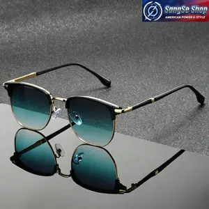 【SummerVibes】Unisex Vintage Semi-Rimless Square Sunglasses - 90s Retro Aesthetic, Gold Metal Frame, UV400 Teal Gradient Lenses, Sports & Outdoor Eyewear for Driving, Daily Fashion