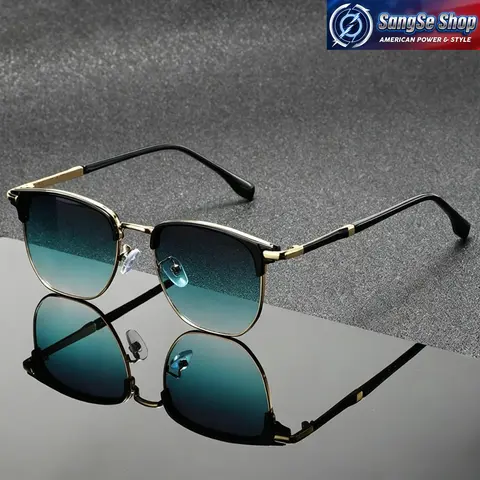Unisex Retro 90s Square Framed Trendy Sunglasses - Gold Semi-Rimless Metal Frame, Teal Gradient Glow UV400 Lenses, for Speed Badminton, Outdoor Sports, Daily Fashion
