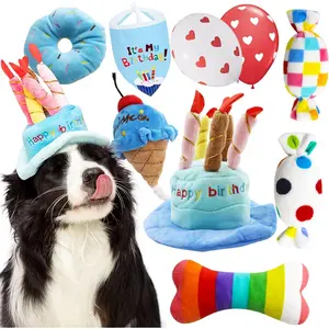 9 Pcs Dog Birthday Toy Set,Plush Pet Toy for Small Dogs,Includes Squeaky Cake Hat,Bandana,Dessert Themed Toys,Balloons,for Dog Birthday Party,Christmas Gifts,Hand Tools Kits