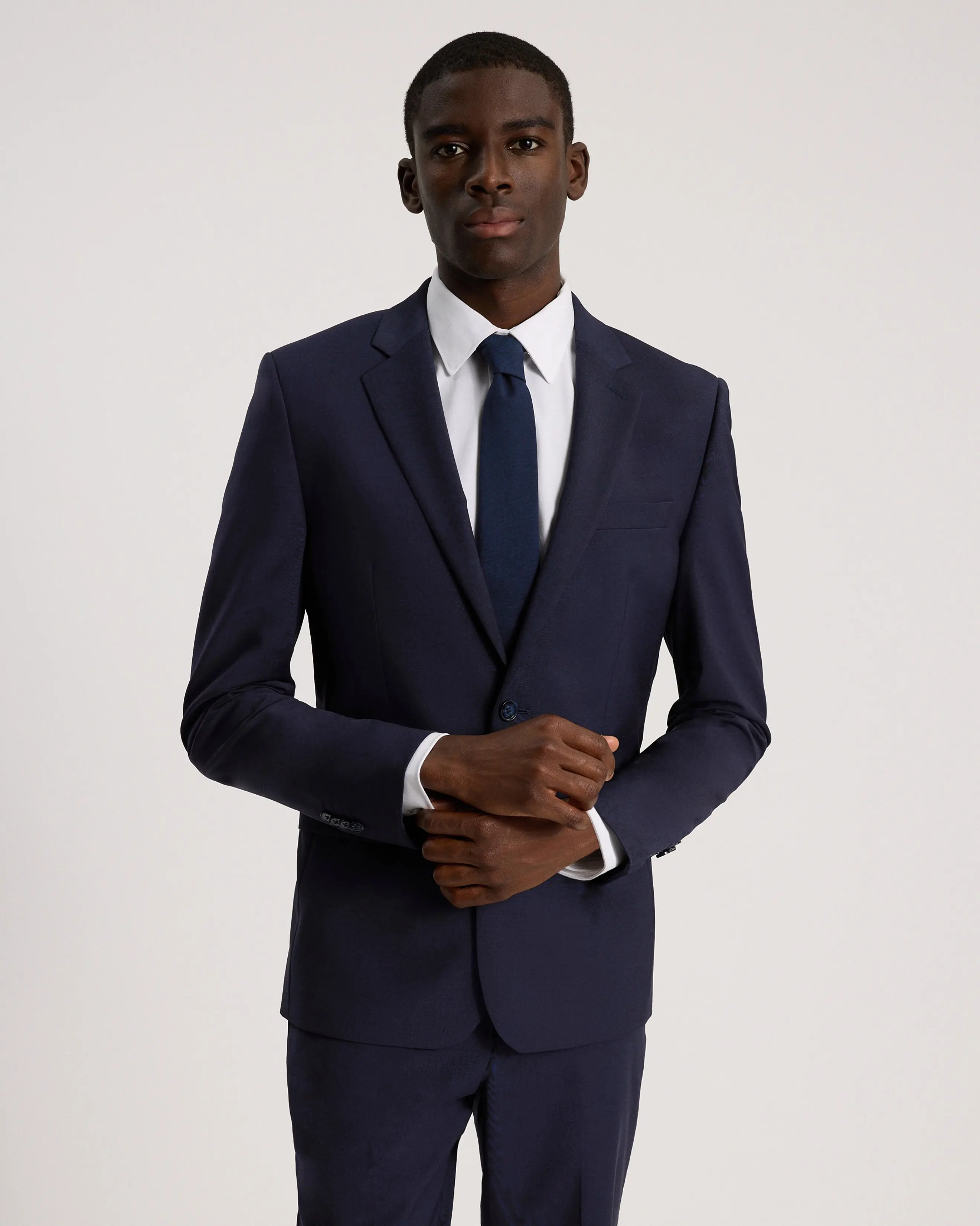 Express Men's Modern Tech Suit Jacket, Extra Slim Fit, Plain Navy Stretch Wool-Blend Fabric with Spandex, Wrinkle-Resistant & Washable for Formal Wear, Menswear, Matching, Long Sleeve, Solid, Pants, Polyester Blend, Center Vent, Workwear, Business