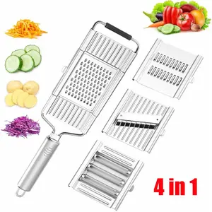 Stainless Steel 4-in-1 Vegetable Mandoline Slicer, Handheld Multi-Blade Shredder Grater Cutter, Interchangeable Blades Easy Rinse Hangable Kitchen Tool for Fruits Vegetables Cheese