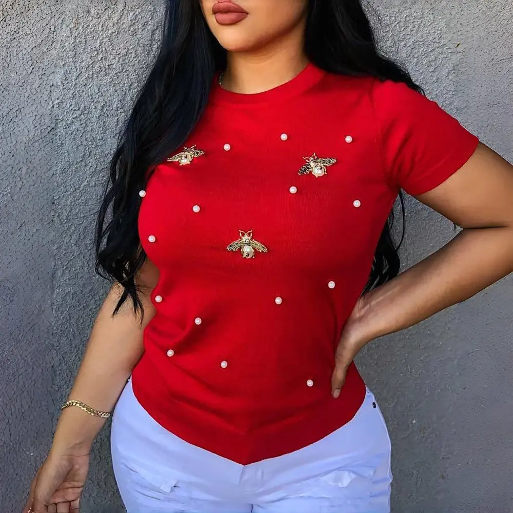 CHICME Women's Beaded Round Neck Short Sleeve T-Shirt Casual loose Fit Top