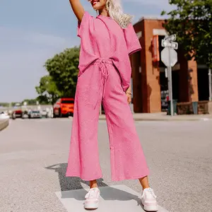 Strawberry Pink Textured Loose Fit T Shirt and Drawstring Pants Set