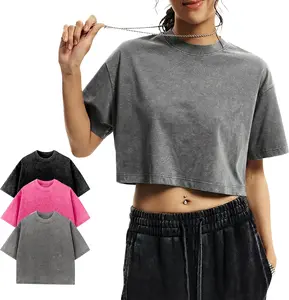 Yimoon Cropped T Shirts for Women Short Sleeve Acid Wash Cotton Tops Vintage Oversized Casual Basic Tee Shirts Lightweight