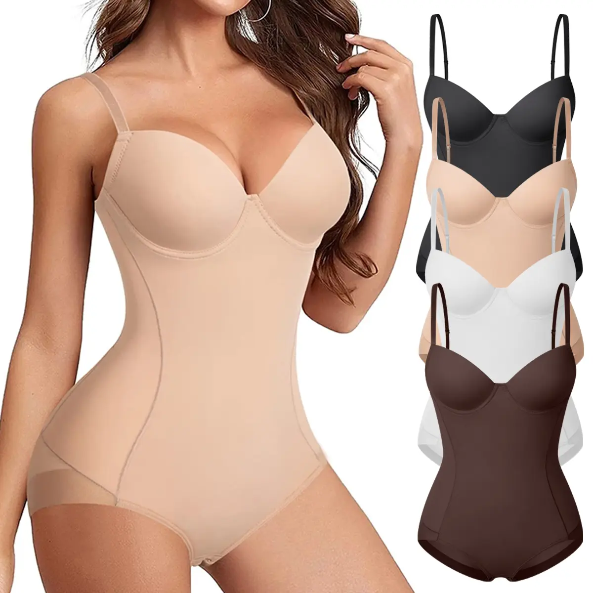 Women's Spandex BBL Shaper Bodysuit - Backless V-Neck Underwire Cup, Tummy Control Waist Trainer, Butt Lift Casual Faja, Bodysuit for Women with Chic Curves, Minimalist Wedding Apparel, Compression, Lady, Sexy