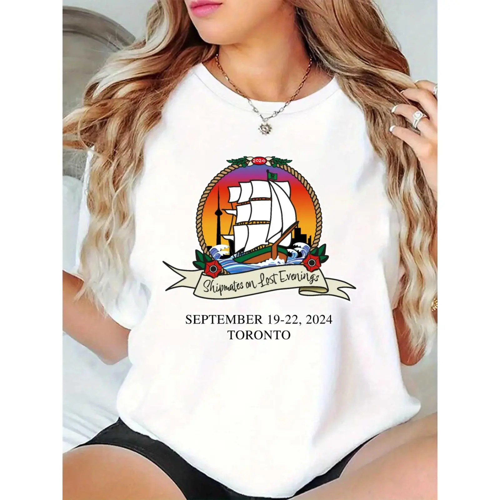 Women's White T - Shirt with Sailboat Toronto Skyline 2024 Graphic, "Shipmates on Lost Evenings" Banner, Casual Event Top for Toronto Gathering (Sept 19 - 22, 2024) Enthusiasts