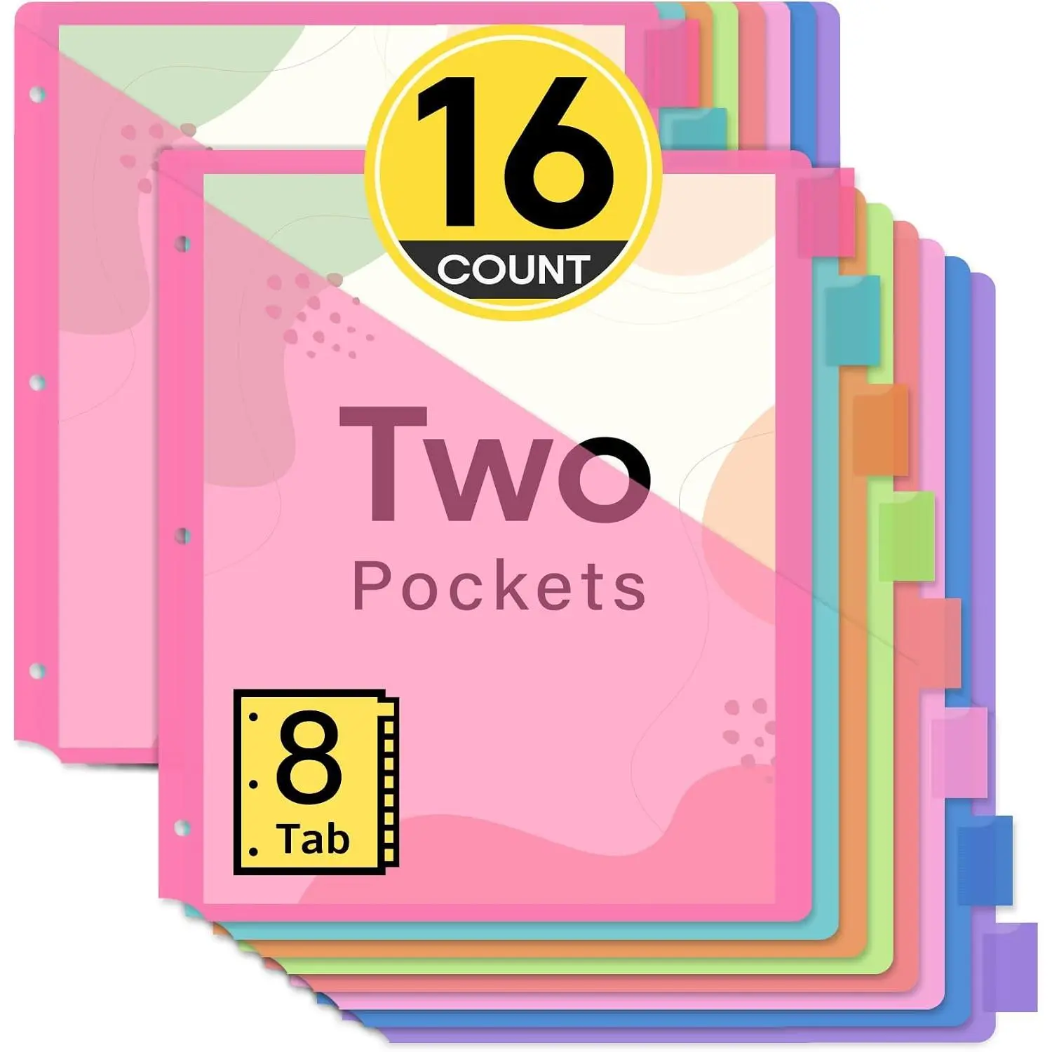 Taja 16 Count Dividers for 3 Ring Binder with Two Pockets, 8 Tabs Set, Plastic Binder Index Dividers, Perfect for Office & School Organization Supplies, Bright Colors, 2 Set
