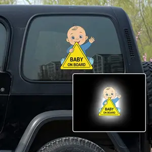 Cartoon Baby on Board Reflective Car Sticker, Safety Reminder Waterproof Baby in Car Decal for Boys Girls, Vehicle Body Window Bumper Decoration, Adhesive Vinyl Decal, Universal Car Sticker