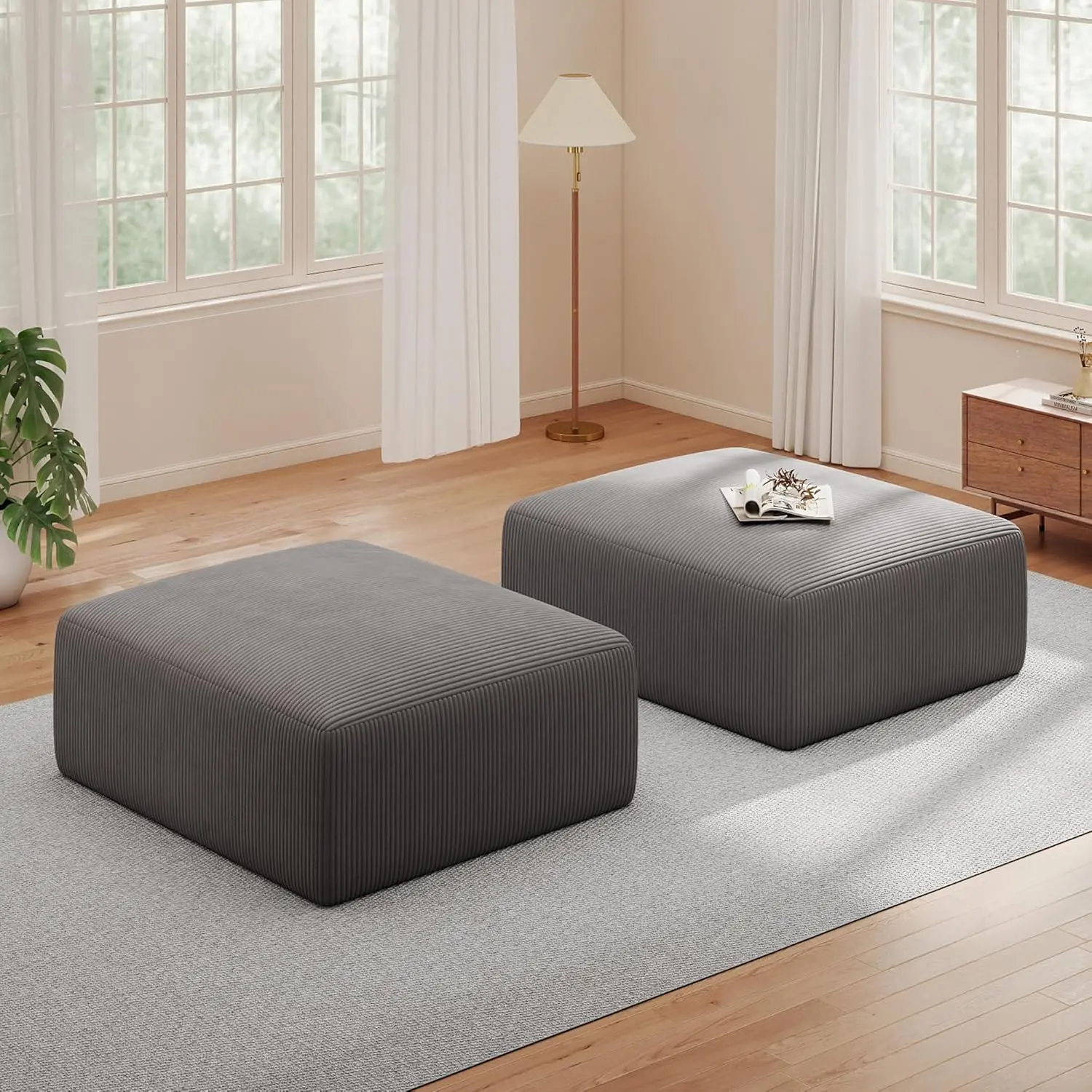 2-Piece Modern 40" Oversized Square Corduroy Ottoman Pouf - Foldable, Fully Assembled Plush Foam Chunk Filled Extra Seat, Movable Floor Footrest, Coffee Table for Living Room, Grey sohochic, Foot Rest, Pre-Assembled