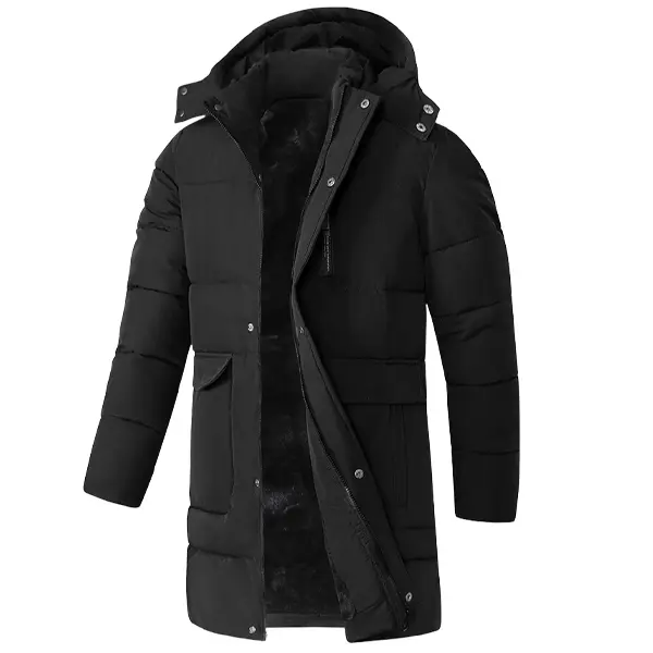 Men's Mid-Length Fleece-Lined Hooded Cotton Jacket Winter Thickened Workwear Style Coat Casual Long Sleeve quilted jacket winter outfits western outfits cold weather outfits winter outfits men jackets heated jacket