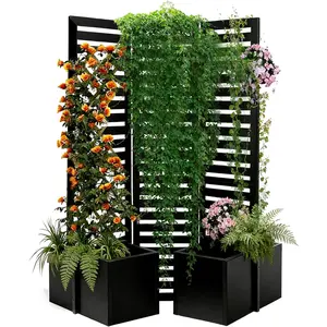 Privacy Screen with Planter Box - 3-Panel Freestanding Outdoor Room Divider, 51x70x31 Inch Metal Garden Fence with 4 Self-Draining Raised Garden Beds for Patio Deck Yard, Black