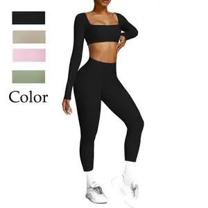 Kabier Women's Solid Color Workout Set - Twist Front Long Sleeve Crop Top & High Waist Flared Leggings - Athletic Wear for Gym Yoga Fitness - Tight Fit, Breathable, Lightweight Activewear