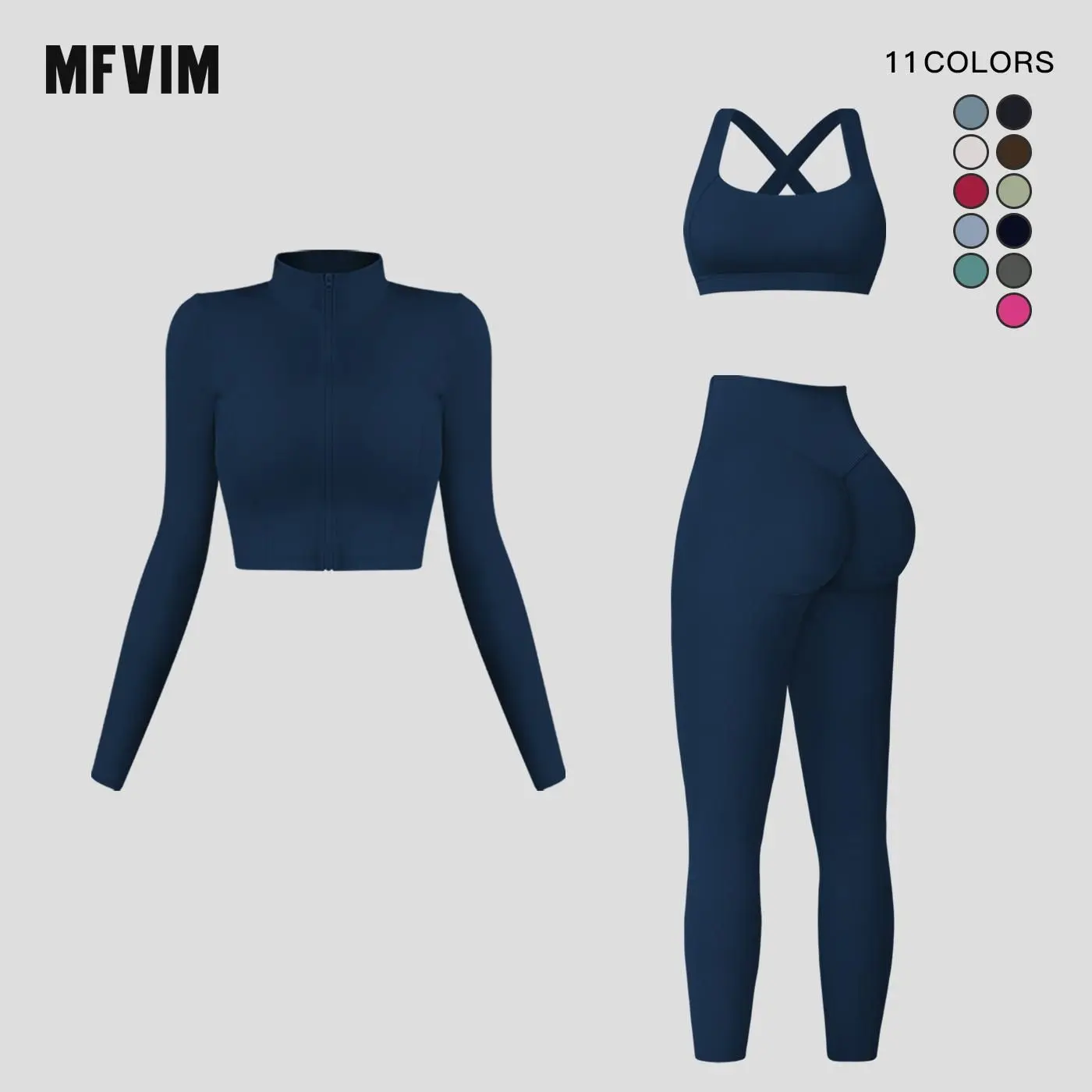 MFVIM Women's 3-Piece Workout Sets for Women - Solid Criss Cross Crop Tank Top, High Waist Leggings, Polyamide Blend Zip-Up Crop Long Sleeve Shirt, Skin-Friendly, Non-Slip Thumbholes for Yoga, Gym