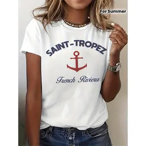Women'S Saint-Tropez French Riviera Graphic T-Shirt - Coastal Chic Tee With Red Anchor, Lightweight Crew Neck Summer Top For Beach Vacations, Casual Outfits - Saint-Tropez Inspired Women'S Clothing, Vacation Wardrobe Essential, Relaxed Fit Shirt.