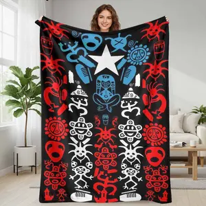 Tribal Symbol Art Flannel Blanket Puerto Rican Flag Inspired Print Soft Warm Lightweight Decorative Throws for Sofa Bedroom Living Room Office Travel Gift