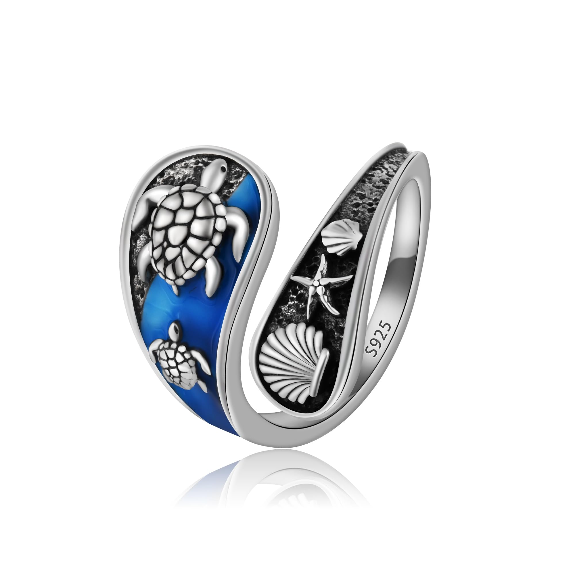 S925 Sterling Silver Sea Turtle Open Ring Beach Shells Starfish Design Vintage Sea Theme Adjustable Ring, Birthday Gifts