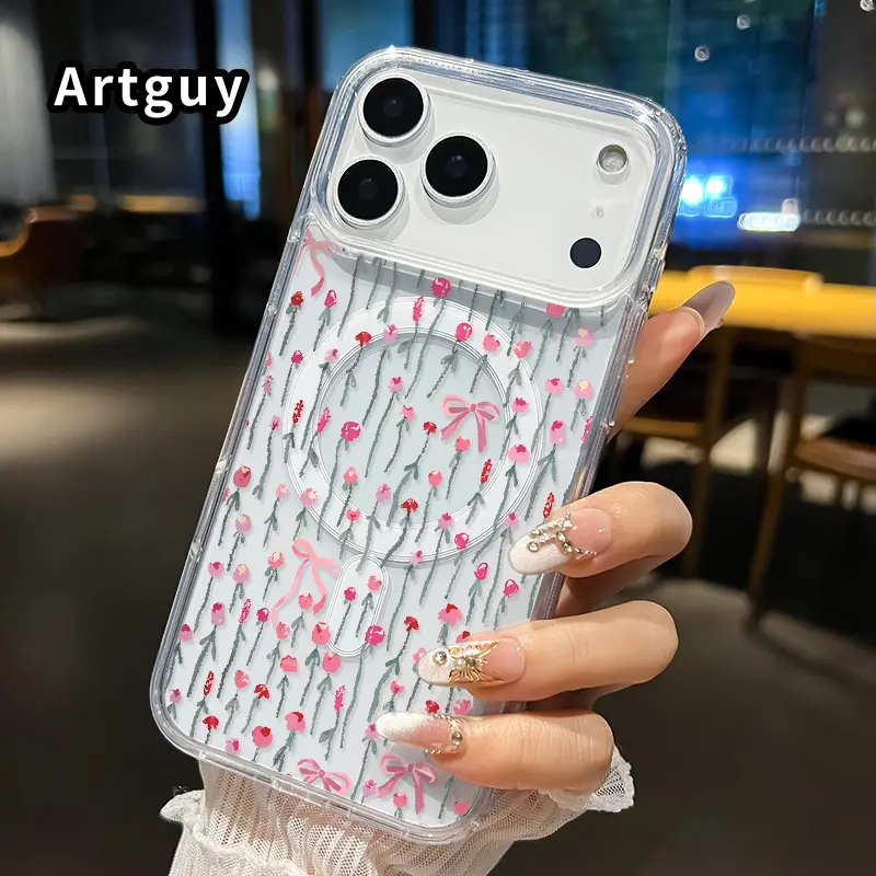 Magnetic Phone Case Supports Wireless Charging for iPhone 17 16  Pro Max Plus 15 14 13 12 11 Air E Floral Bow Delight Pattern Anti-Yellowing Shockproof durable ultra-thin Crystal Transparent Acrylic Large Hole Cover