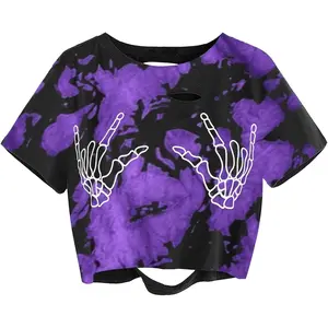 Women Skull Finger Graphic Distressed Tee Shirt Ripped Short Sleeve Crop Tops affordable  shirt perfect  length  shirt