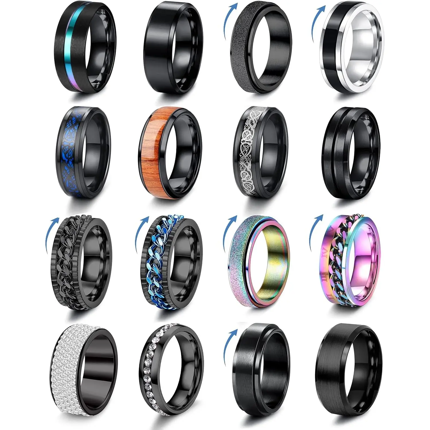 16Pcs Stainless Steel Fidget Ring Stack, Hypoallergenic Rotatable Spinner Bands for Men Women, Anxiety Stress Relief Jewelry, Relaxing Gifts