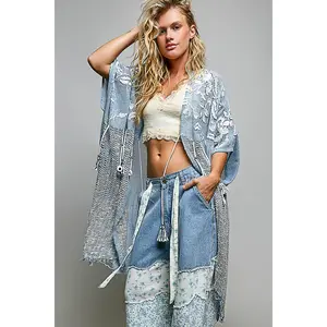 Pol Clothing Powder Blue Boho Crochet Sequin Embroidered Tassel Midi Cardigan