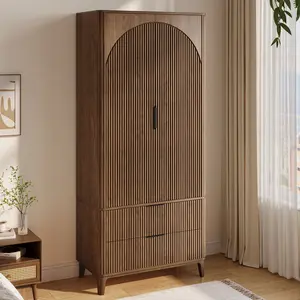 70" Wardrobe Armoire Wooden Closet with 2 Doors and 2 Drawers, Bedroom Armoire with Hanging Rod Shelf, Large Capacity Storage Wardrobe Armoire, Freestanding Wooden Closet Storage Cabinet Natural/Walnut/Black