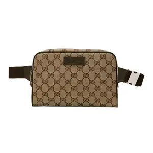 Gucci Monogram Logo Zipper Closure Emblem Canvas And Leather Crossbody Waist Bag Unisex Ebony Brown