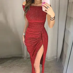 Women's hip wrapped slit one shoulder neck sparkling dress evening dress(Sheet)