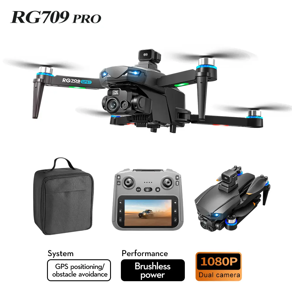 RG709 Pro GPS Drone for Adults with Accessories, Featuring 360° Obstacle Avoidance, 4.5" Screen Remote, 1080P Electric Adjustable Lens, Brushless Motor, Optical Flow Hover, 18min Flight Time, 2000m Range, Dual Camera, Gesture+Beauty Mode