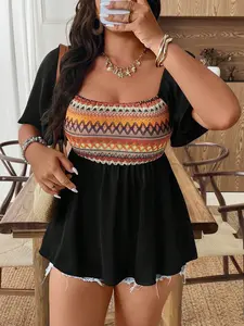 Women's Plus Size Smocked Blouse Square Neck Ethnic Tribal Geometric Print Flutter Sleeve Peplum Flowy Casual Summer Bohemian Boho Beach Vacation Outfits Trendy