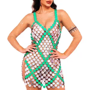 Women Sequin Chainmail Mini Dress Sparkly Dot Disco Rave Sequin Dresses Dance Nightclub Chain Dresses
