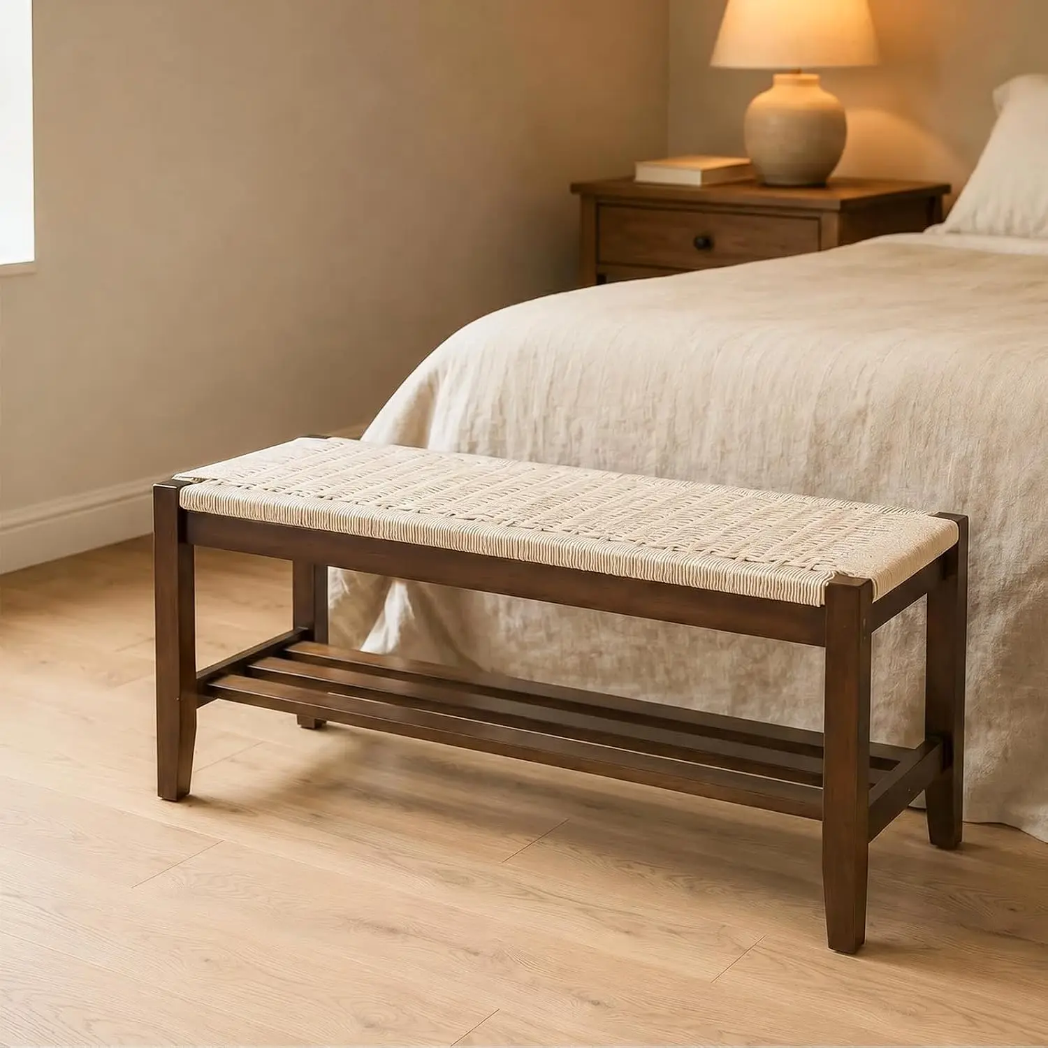 Karlhome Boho Storage Bench Rattan Seat Wood Frame Entryway Bench Walnut | Natural Woven Rattan Seat, Hidden Storage Space, Solid Wood Frame, Boho Style, Multi Room Use, Comfortable Indoor Bench