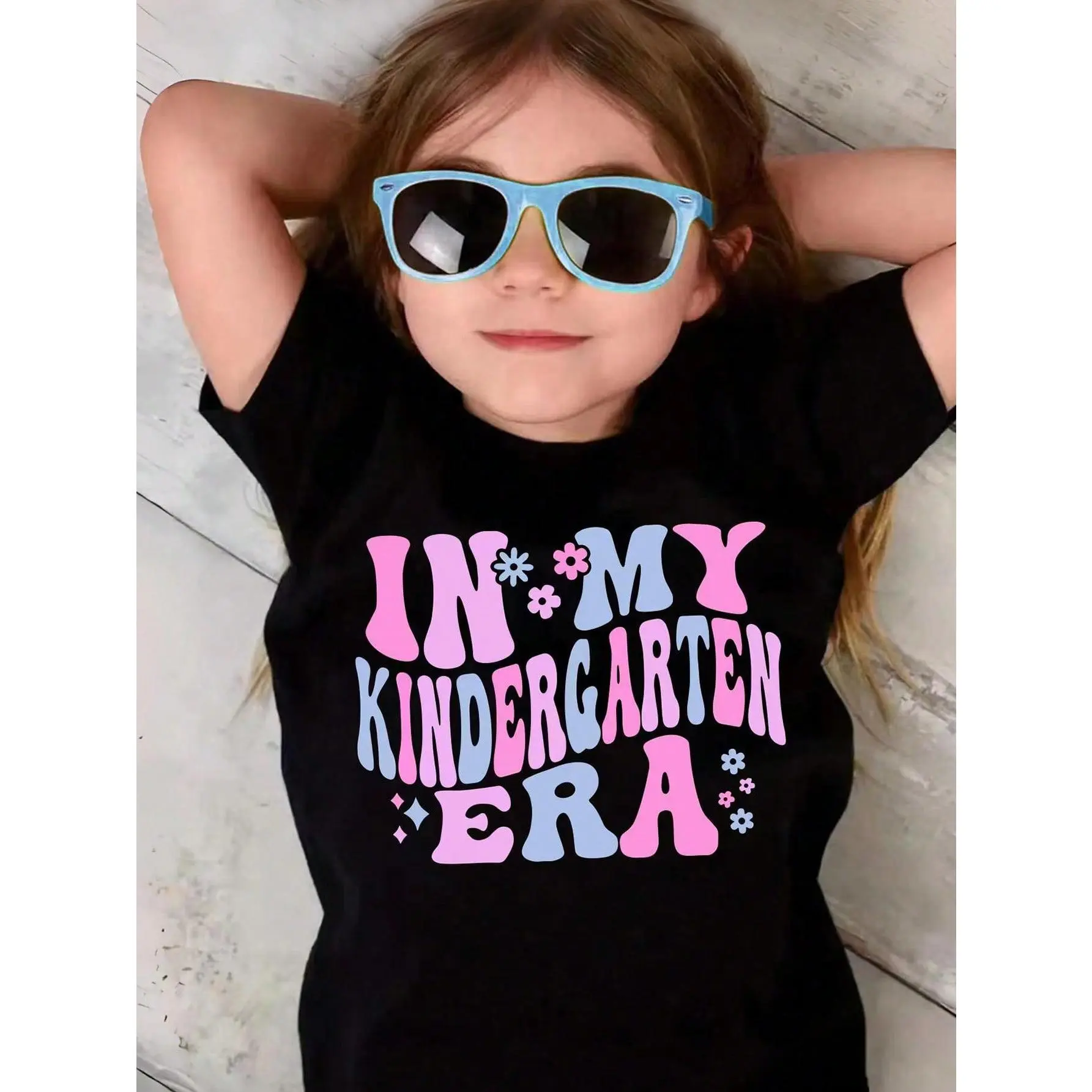 Toddler Girls' Colorblock T-Shirt, Casual Style Sports Top with Floral & Letter Print, Loose-Fit Short-Sleeve Polyester-Blend