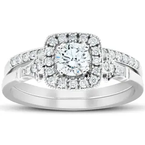 3/4 CT Diamond Cushion Halo Engagement Ring Matching Wedding Band 14k White Gold