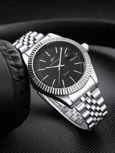 Men's classic business steel strip quartz watch with five bead linked list and gear ring design, calendar function, silver plate, simple and versatile, suitable for gift giving and personal use