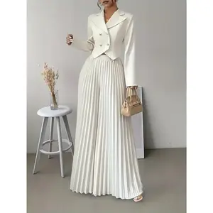 2pcs Elegant Women's Double-breasted Suit Top and Pleated Pants Set, Fashionable Commuting Style Long Sleeve Womenswear