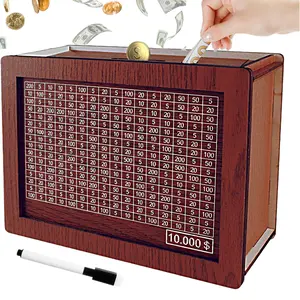 Savings Challenge Box, 10k Wooden Piggy Bank with Counter, Money Saving Box ，Savings Goal of $10000, Easy to Assemble Cash Vault, Ideal Gift (Dark Brown) Electronic ATM Style Lockable Jersey Display Shadow
