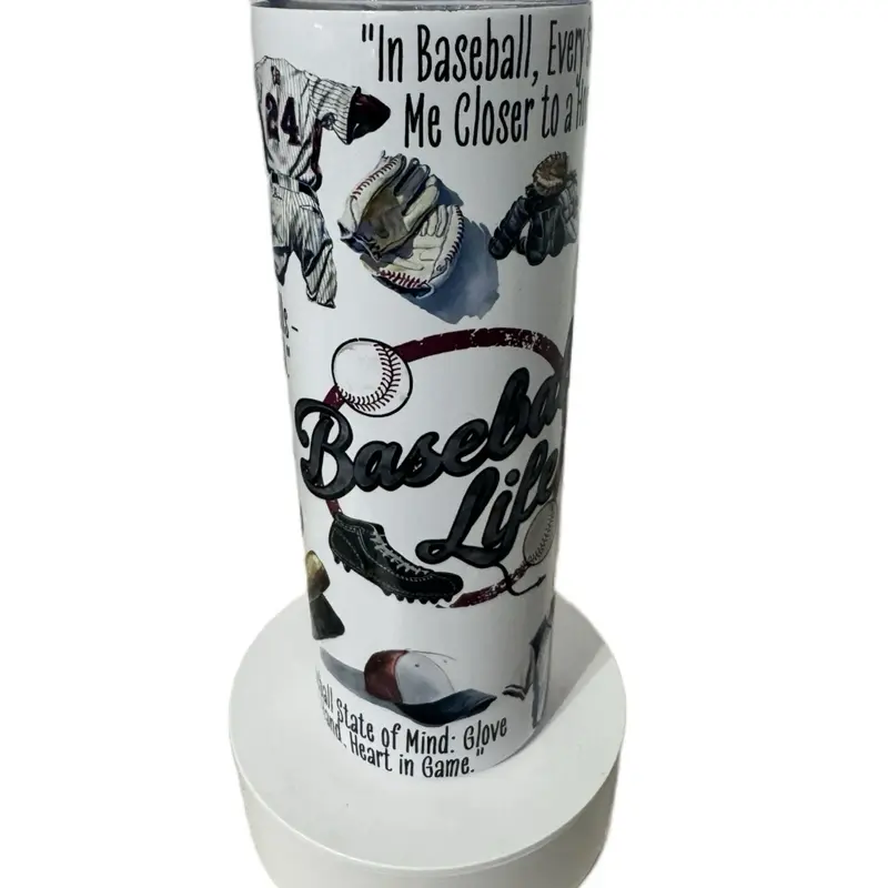 Baseball Life 20oz Tumbler with Baseball Themed Design and Inspirational Quote "In Baseball, Every Glove Me Closer to a Heart in Game"