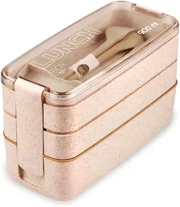 Bento Adults Lunch Box, Stackable Bento Box, 3-In-1 Compartment - Wheat Straw, Leakproof Bento Lunch Box Meal Prep Containers