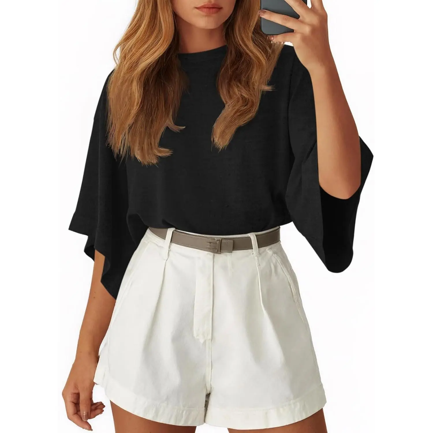 Tankaneo Womens Oversized Batwing Short Sleeve T Shirts Summer Casual Round Neck Tunic Tops Loose Fit Basic Tees Black Womenswear