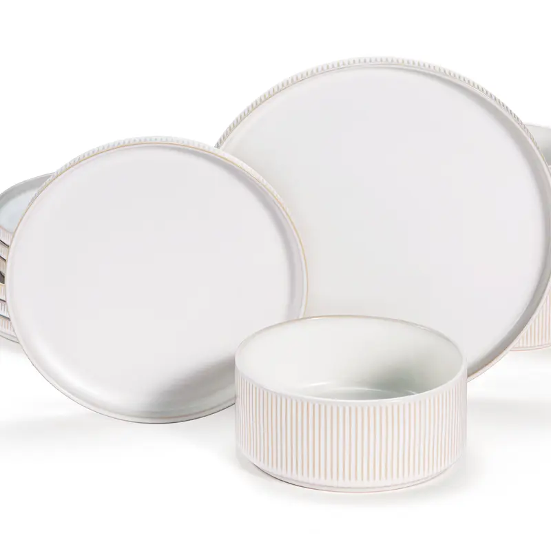 Kook Ceramic Dinnerware Set, 12 Piece, Service for 4, Hearthstone Collection White Dishes Set Tableware Set