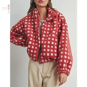 Women��s Long Sleeve Cropped Sherpa Fleece Plaid Jacket Casual Chunky Teddy Fleece Outerwear