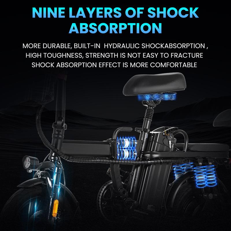 A9 Electric Bicycle 48V/16Ah Folding Bike for Adults, 14" Ebike Urban City, 10 Shock Absorptions, Cheap Affordable Time Trial Bike Handlebar Bag