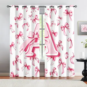2 Panels Cute Pink Bow Initial A-Z Curtains, Coquette Aesthetic Monogram Print Curtains, Girly Bow Pattern Darkening Curtains, Room Decoration Curtains with Grommet Top, For Girls Kids Teens Bedroom Living Room Decor