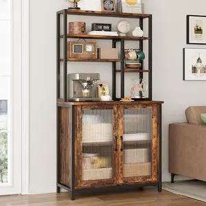 Bakers Rack with Cabinet 64.5"  Microwave Stand with Storage Tall Bar Cabinet Standing Baker's Racks with Cabinet Freestanding Wine Bar Cabinet with Adjustable Feet Kitchen Living Room
